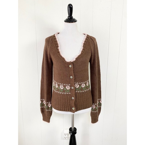 Kimchi Blue Sweaters - NWT Kimchi Blue Urban Outfitters M Brown Floral Ruffle V-Neck Cardigan Coquette